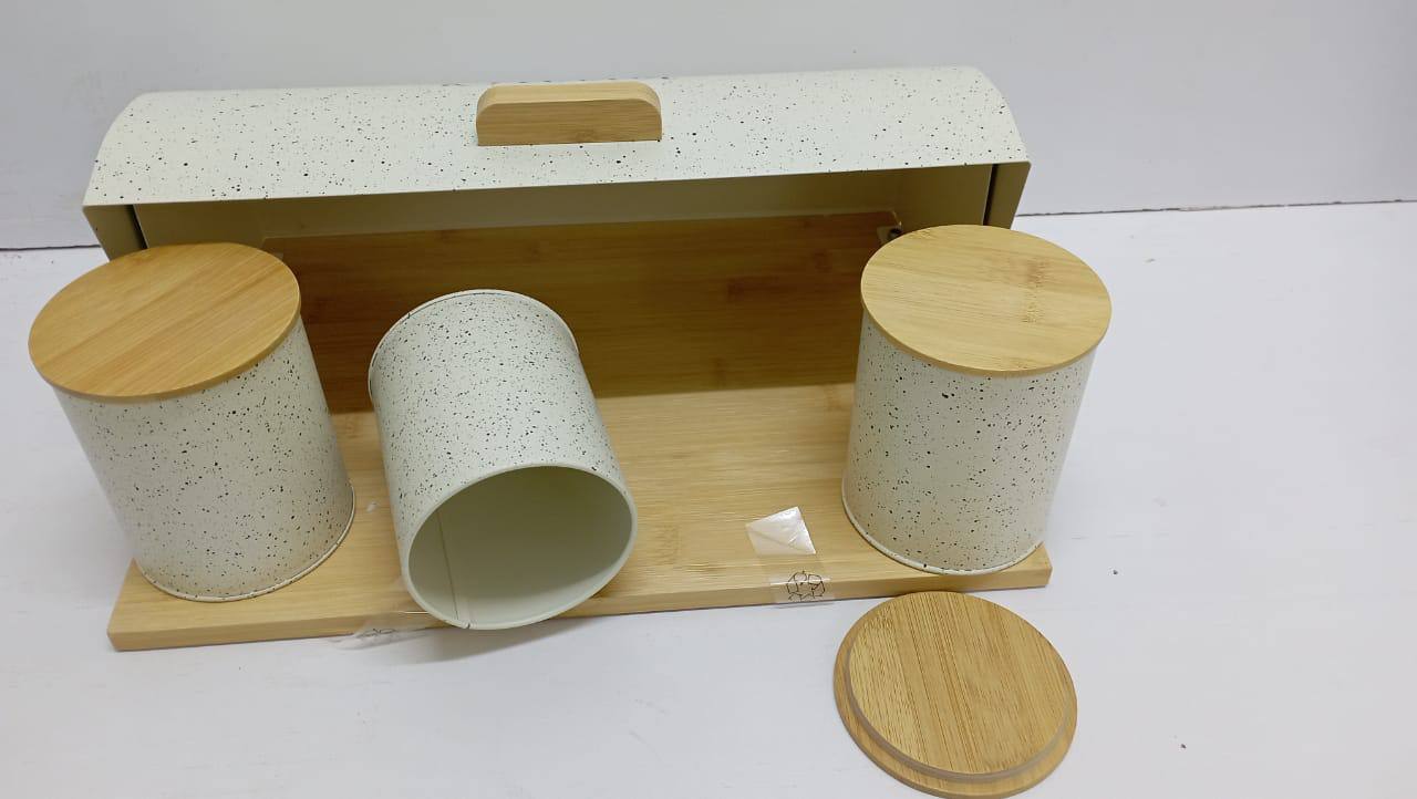 Metallic bread bin box with wooden base