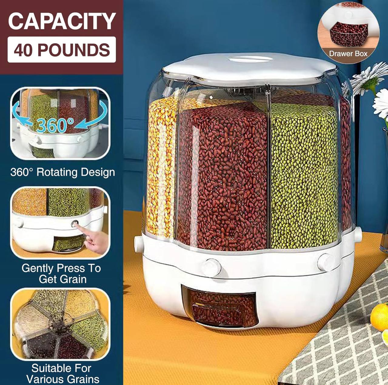 10kg 360 degree rotating 6 Grid Cereal Dispenser