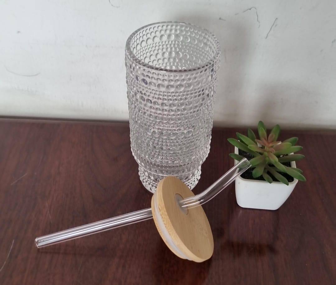 Thick glass 320ml or 11Oz crystal smoothie glass bamboo lid n glass straw