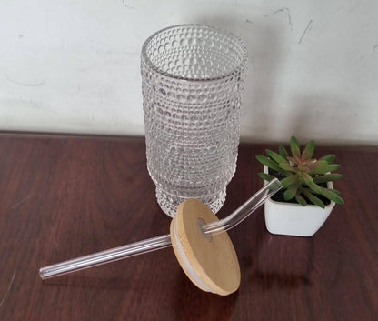 Thick glass 320ml or 11Oz crystal smoothie glass bamboo lid n glass straw