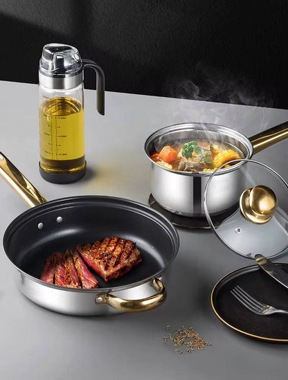 12-Piece Stainless Steel Cookware Set
Golden Handle Kitchen Pots & Pans .