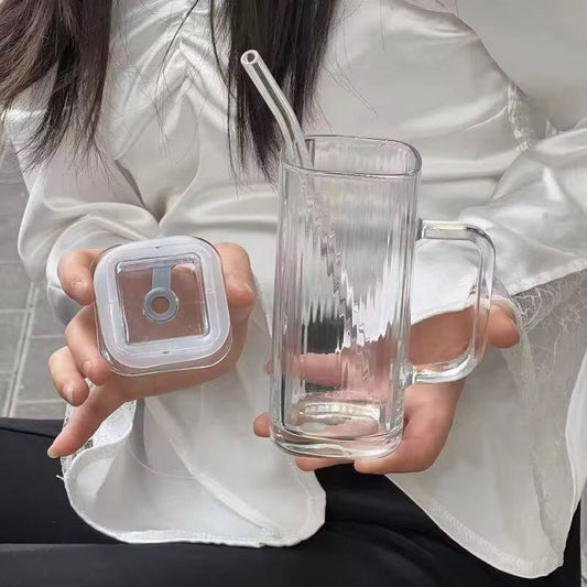 Transparent Borosilicate Drinking Glass Cup/Tumbler with  lid + straw