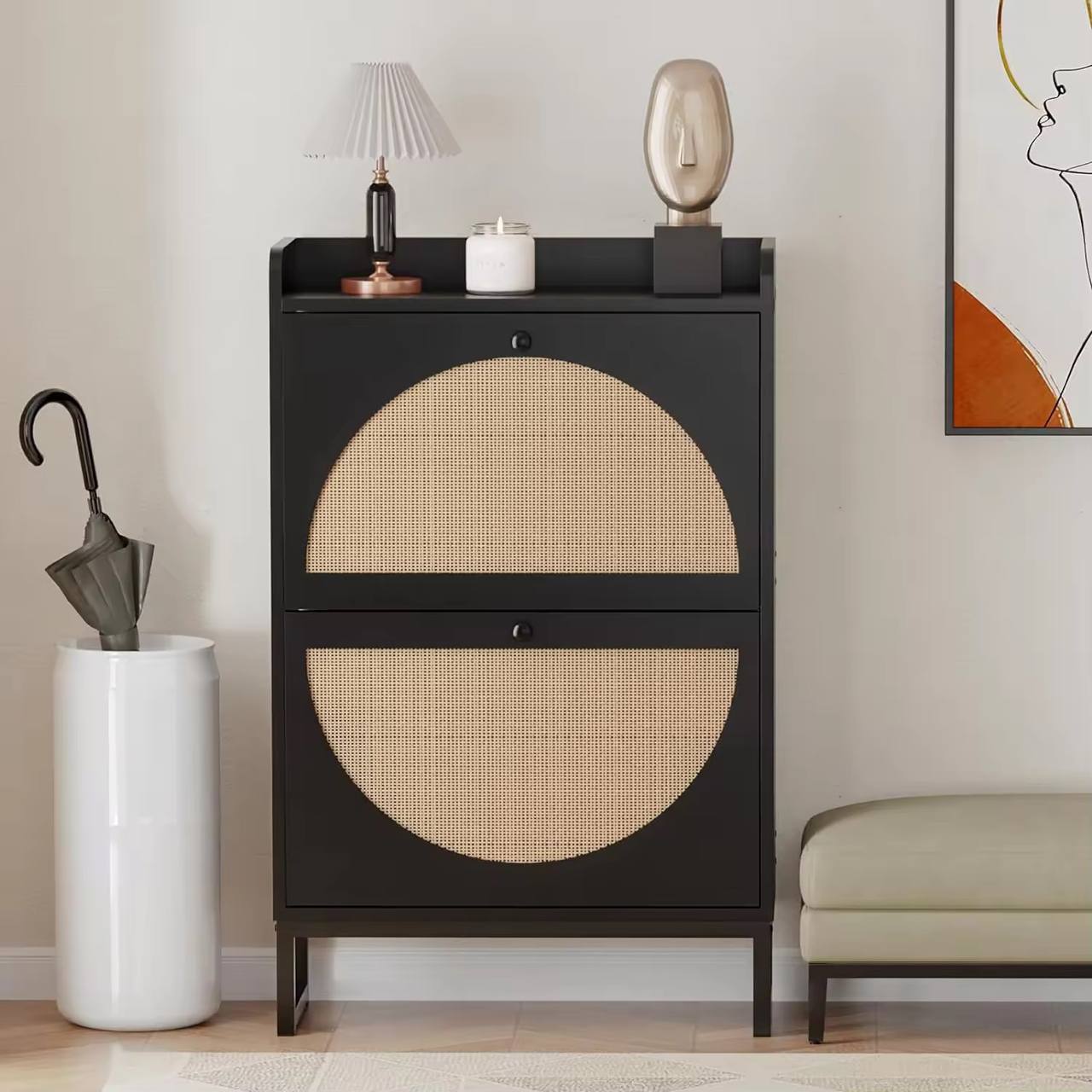 Premium Quality Rattan Wooden Black  Bucket Flip Shoe Cabinet