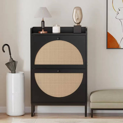 Premium Quality Rattan Wooden Black  Bucket Flip Shoe Cabinet