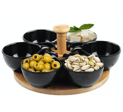 6 Ceramic Appetizer Serving Bowls with Bambo turning Tray.