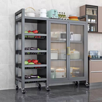 Multi-functional kitchen storage rack with visible doors and metal handles