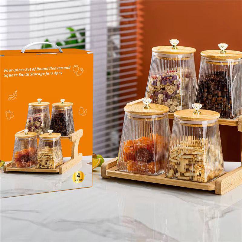Airtight borosilicate glass, 4pc storage jar set with bamboo lid and stand