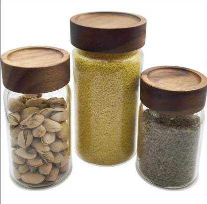 Mulit-purpose Modern Glass Sealed storage Jars with Acacia wood lid and Spoons