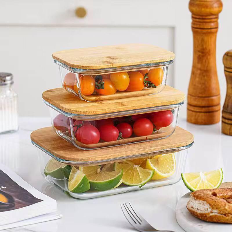 3pcs glass bowl storage containers with bamboo lid