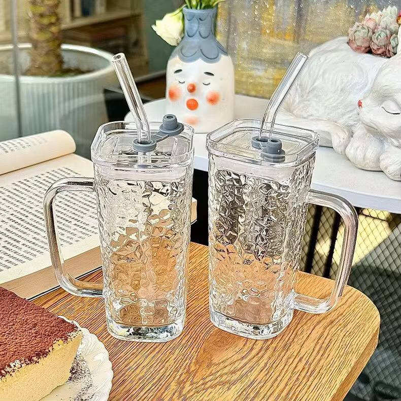 Transparent Borosilicate Drinking Glass Cup/Tumbler with  lid + straw