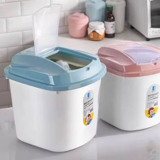 Plastic Cereal / Rice buckets now available in blue and peach cover options; 2 bucket options (white or clear); 2 size options