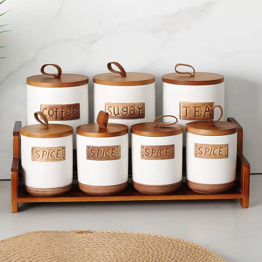 7pcs porcelain Canisters set with bamboo rack