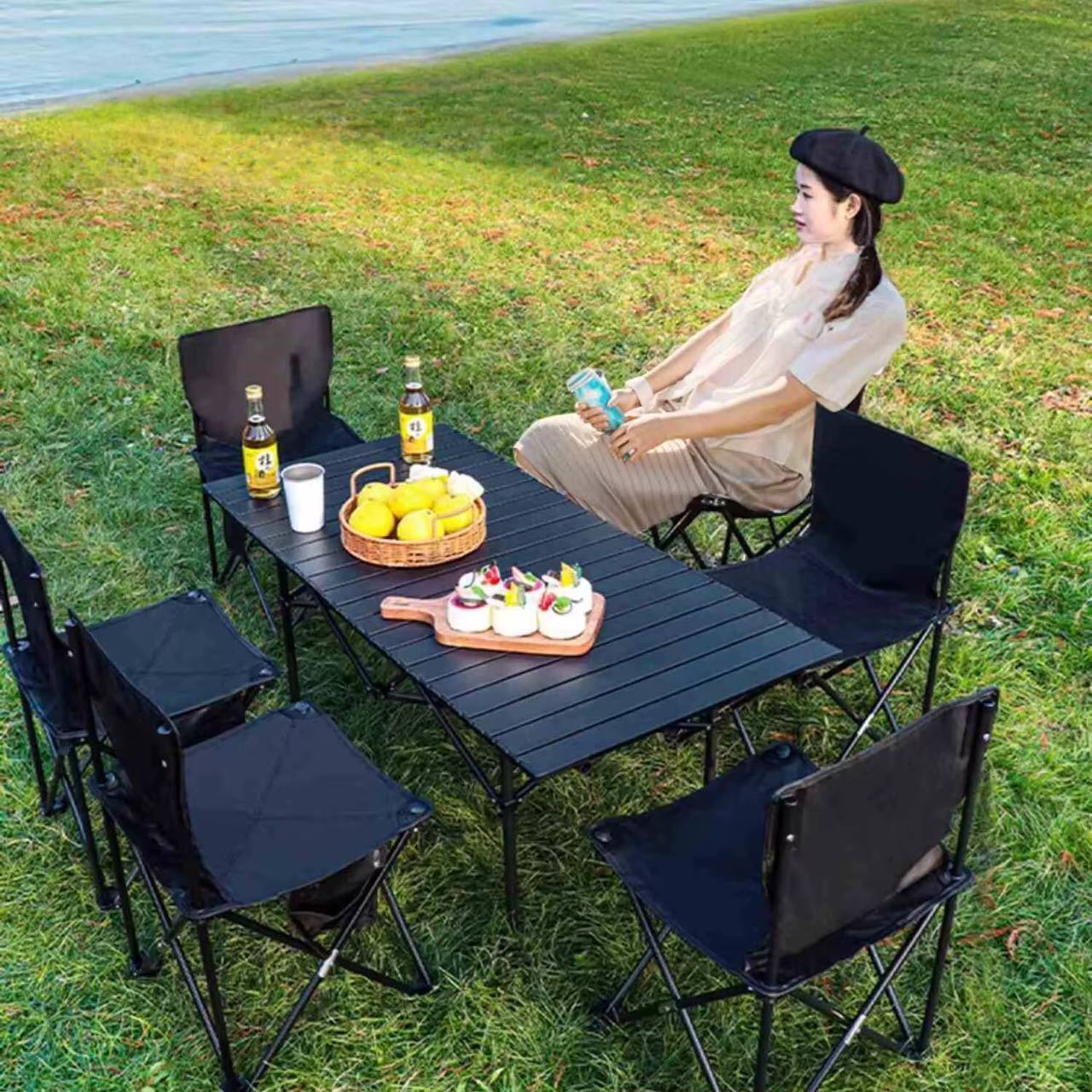 MONIFEN
Garden Folding Table And Chair Family Picnic Camping Bbq Folding Table Portable roll away 
Metallic top
