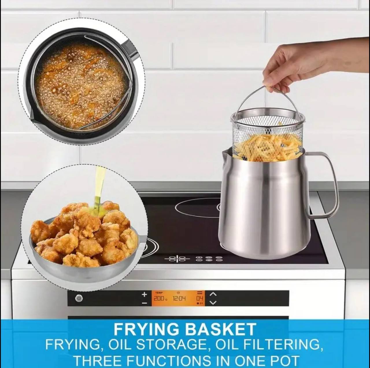 Stainless steel oil strainer pot with frying basket filter