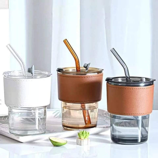Gorgous slub glass smoothie cup with STRAW and leather cover