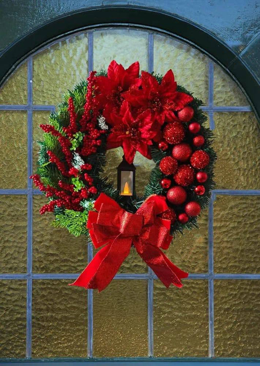 Christmas Front Door Wreath Artificial Red Berry Grass Bow Ornament with LED Kerosene Lamp Decoration