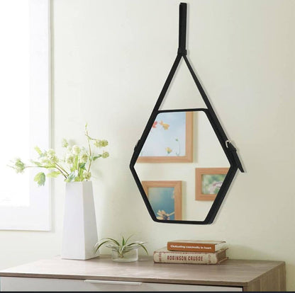 Hanging Wall Mirror Geometric Hexagon Wall Decor Mirror with PU Leather Chain