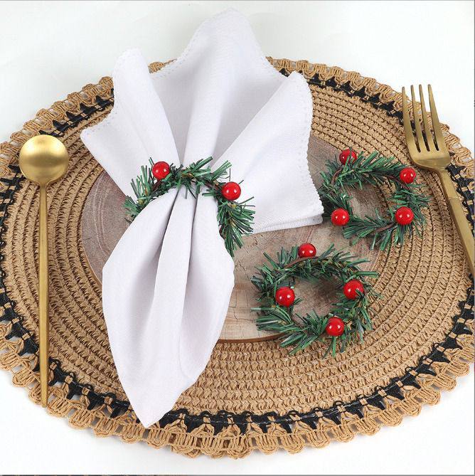 set of 6pcs Christmas Red Fruit PVC Pine Needle Napkin Ring Holders Xmas Table Decoration