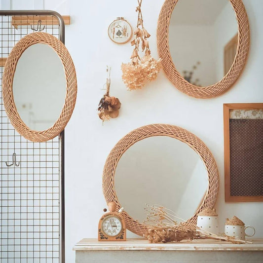 Modern Oval Rattan  Bamboo Decorative Mirro