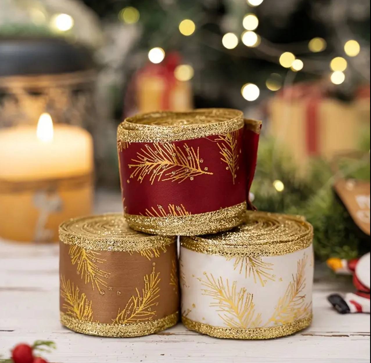 5M Christmas Ribbon with Iron Wire Glitter Gold Leaf Printed Christmas Decoration DIY Craft Bow Gift Packing
