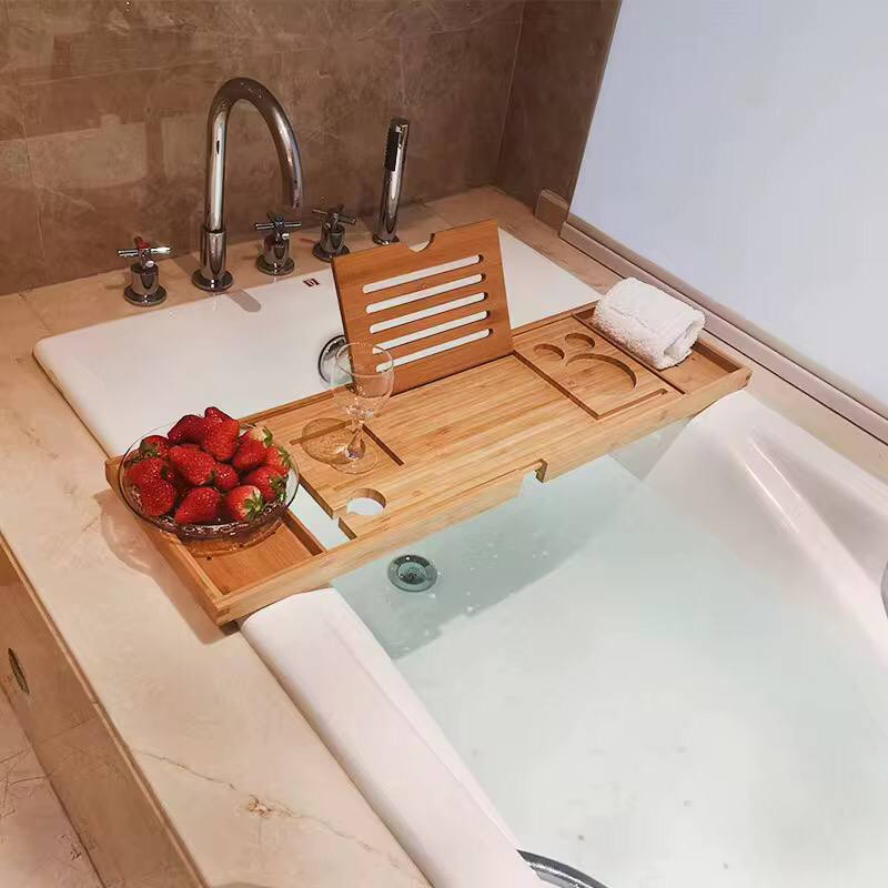 Expandable Bamboo Bathtub Caddy Tray / Breakfast Bed Table with Stand