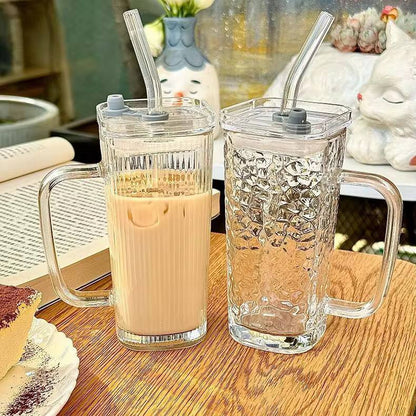 Transparent Borosilicate Drinking Glass Cup/Tumbler with  lid + straw