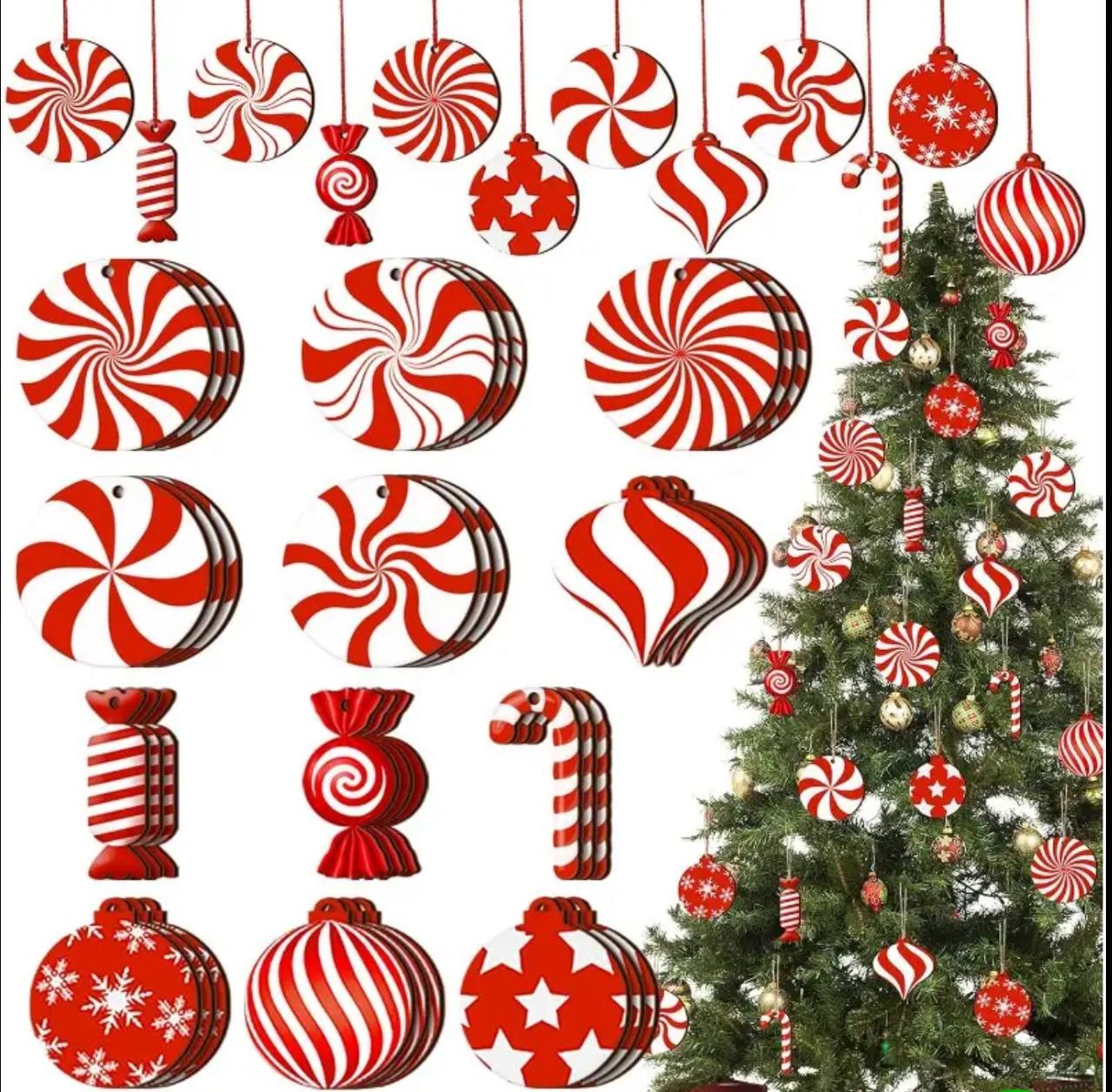 12pcs wooden red candy windmill cane Christmas tree pendant