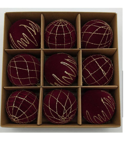 9 pcs set velvet maroon ornaments/ Christmas balls 
size 8 cm