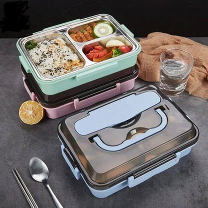 Dish Combo set with 3 Grid Stainless Steel Lunch Box With Spoon and Chopsticks and insulated lunch bag