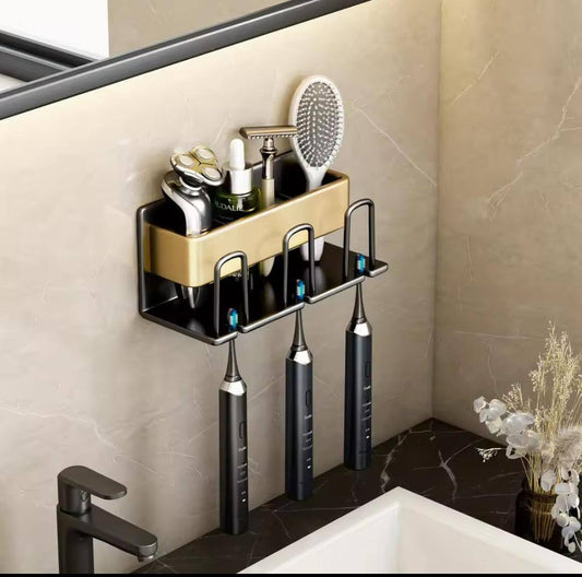 Metallic wall mounted tooth brush/paste holder