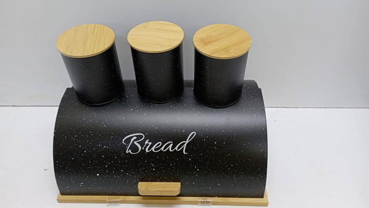 Metallic bread bin box with wooden base