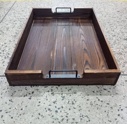 Fir wood serving tray with metal handle