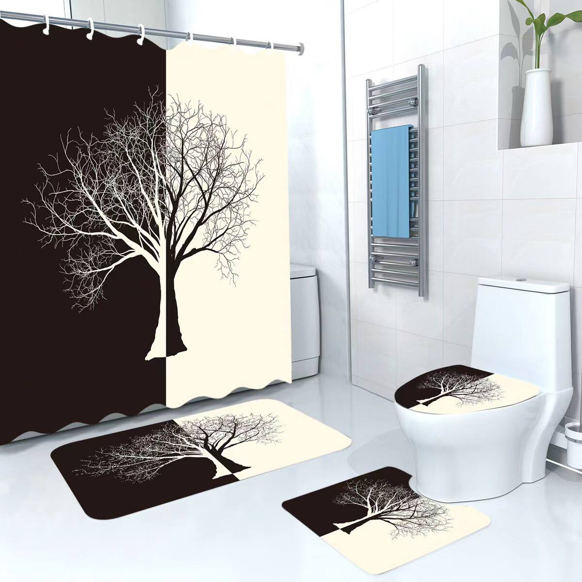 3D 4in1 bathroom woolen mats with a waterproof shower curtain