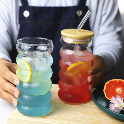 Borosilicate ripple wave glass cup with bamboo lid