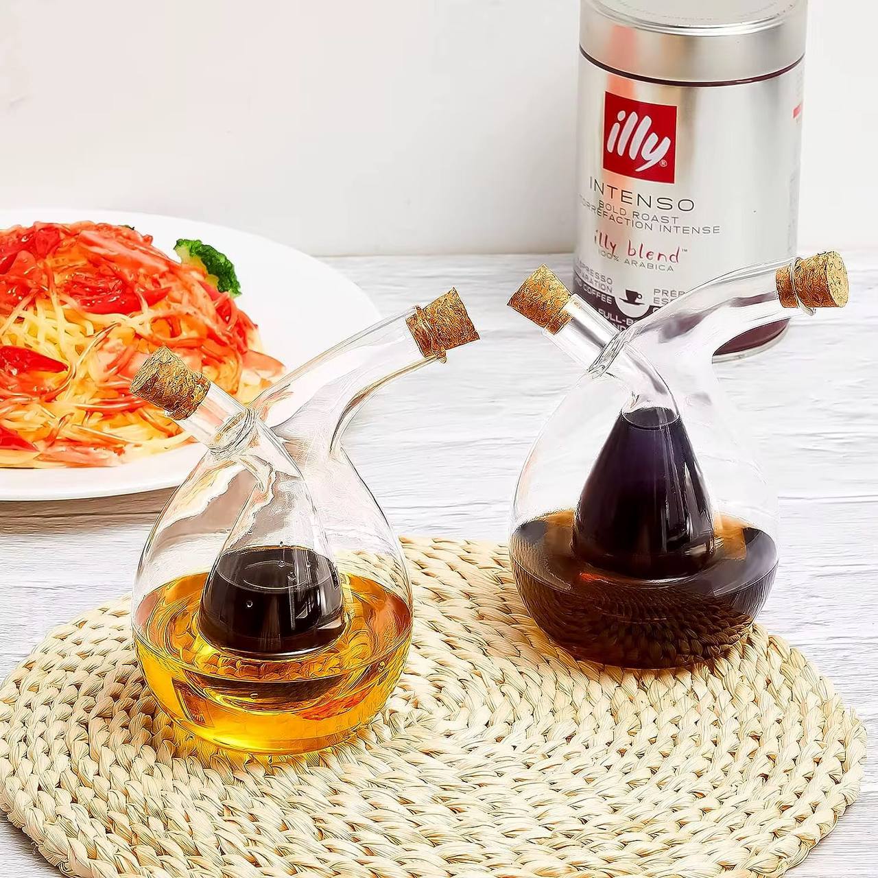 High quality 2in1 cruet twisted oil and vinegar with bamboo  lids dispenser