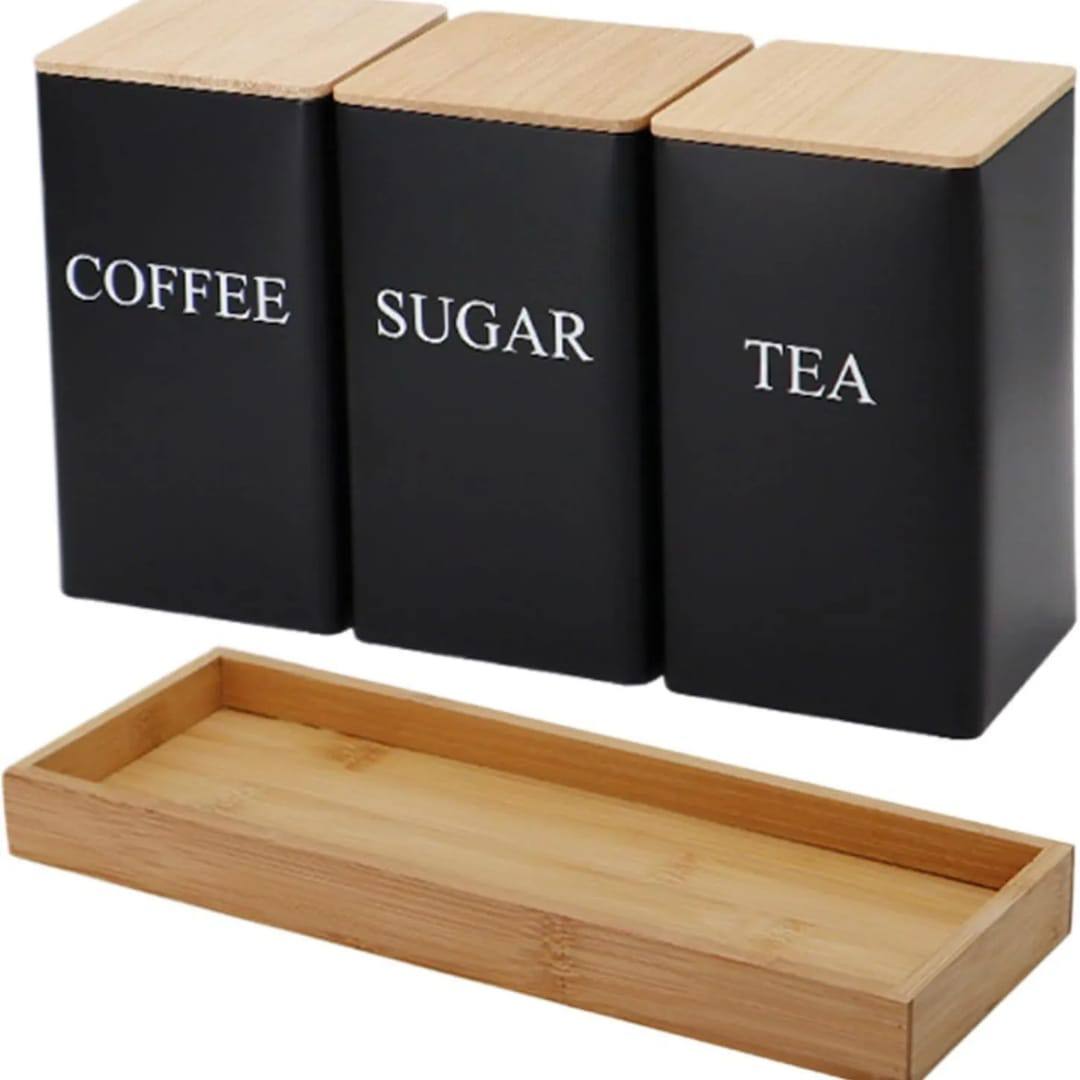 Metal Coffee Jar Set Bamboo Lid Easy To Clean Compact Structure Tea Sugar And Coffee Containers Set