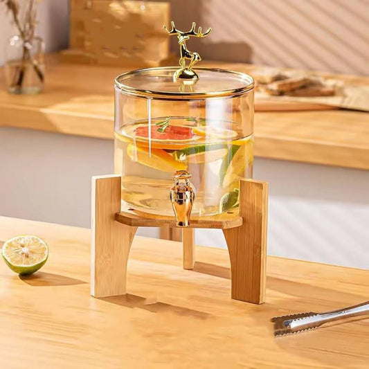 Bamboo base and glass lid 3.6L Golden borosilicate glass beverage dispenser