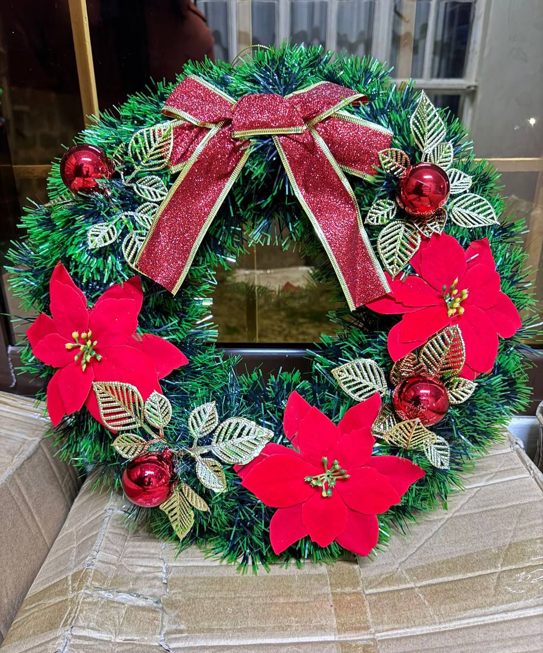 40CM Christmas Wreath for Front Door \ Window with pine artificial garland, Christmas red balls, red bow tie & flowers