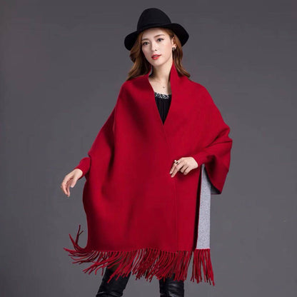 Plain double sided long sleeve ponchos shawls with tassels