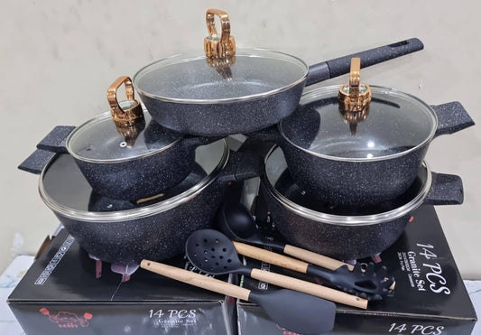 shining golden caps Uoiiy 14pc granite cookware set