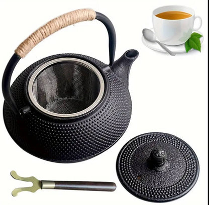 Original heavy duty cast iron tea pot with infuser, cast iron coaster and spoon
