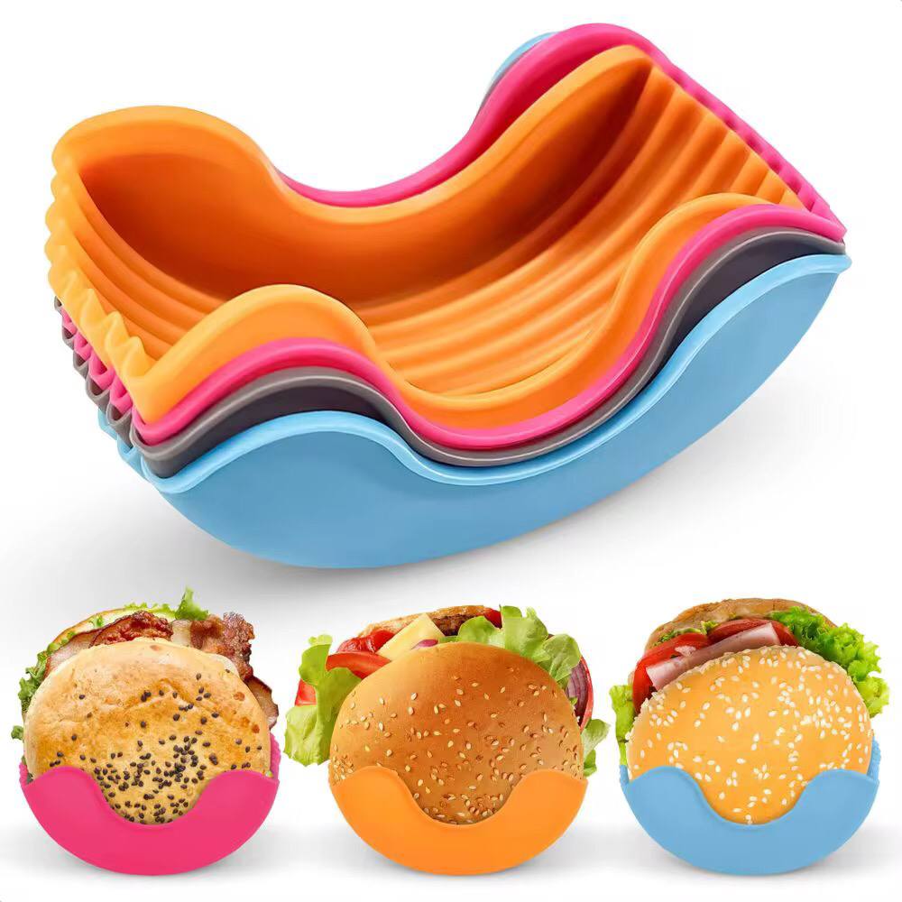 Silicone Burger Holder Reusable Sandwiches Holder Box Beef Press Patty Mold Hamburger Bun Shell Kitchen Tool Donuts Holder