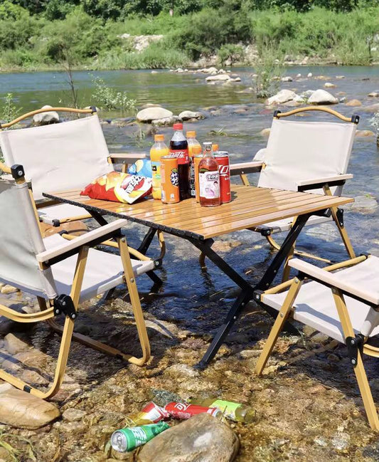 Garden Art Folding Portable Metal Camping Chair with Wooden Armset