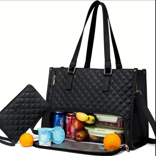Quilted Large Capacity 15.6” Business Laptop Tote Bag with Insulated Lunch Compartment