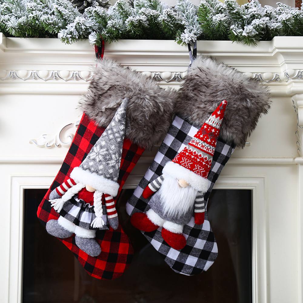 Christmas Stockings  Buffalo Plaid Christmas Stockings with 3D Gnome Santa & Faux Fur Cuff