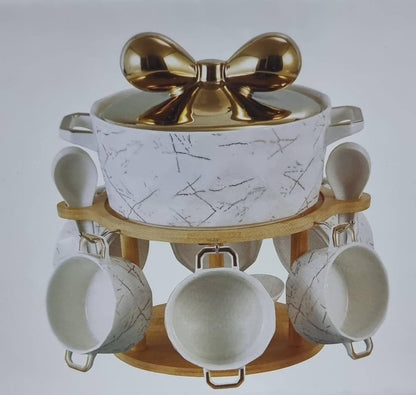JC7572 set of 6 ceramic marble-like soup bowls 1 soup touren on bamboo base + burner