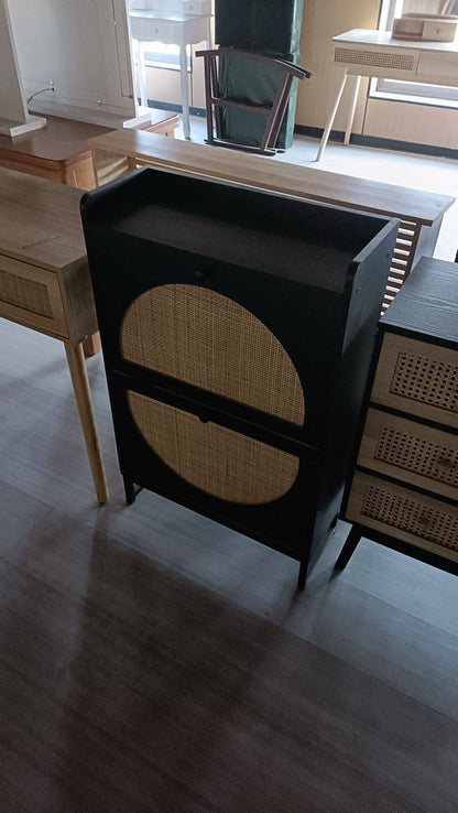 Premium Quality Rattan Wooden Black  Bucket Flip Shoe Cabinet