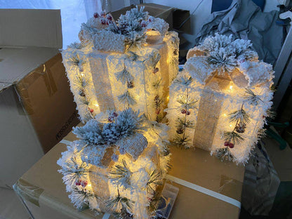 3Pc Set Snow Flocked Christmas Lighted Gift Boxes (Design A)