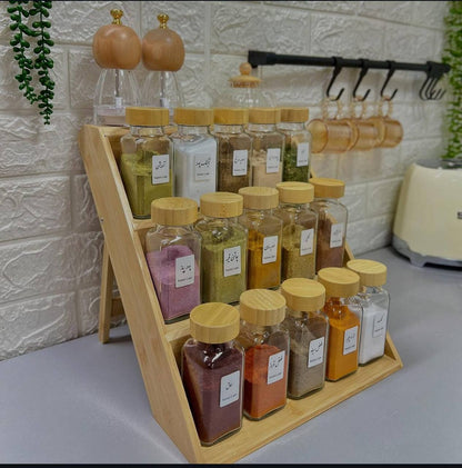 Spice Containers with Bamboo Stand..(Comes with Stickers and Silicon Funnel as well)