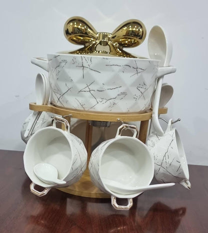 JC7572 set of 6 ceramic marble-like soup bowls 1 soup touren on bamboo base + burner